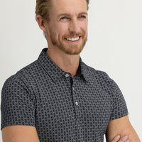 Mid-Navy Blue Polo Neck Super Slim Fit Extra Narrow Cut Printed Cotton T-Shirt