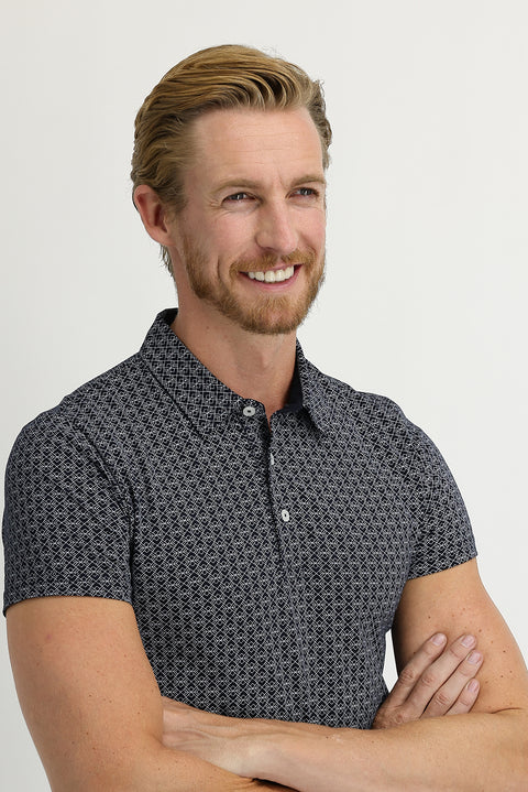 Mid-Navy Blue Polo Neck Super Slim Fit Extra Narrow Cut Printed Cotton T-Shirt