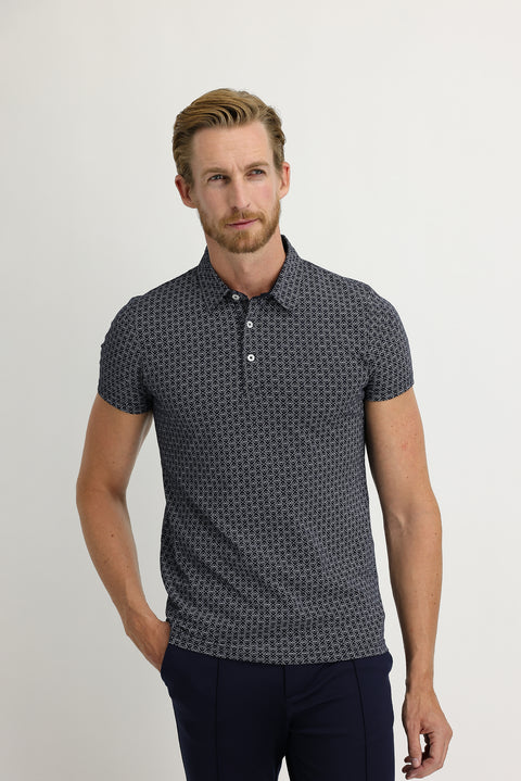 Mid-Navy Blue Polo Neck Super Slim Fit Extra Narrow Cut Printed Cotton T-Shirt