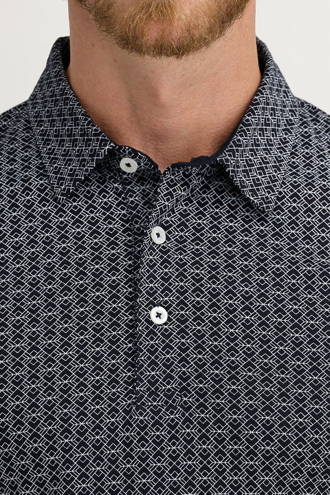 Mid-Navy Blue Polo Neck Super Slim Fit Extra Narrow Cut Printed Cotton T-Shirt