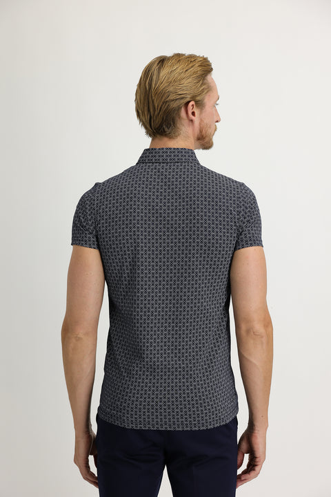 Mid-Navy Blue Polo Neck Super Slim Fit Extra Narrow Cut Printed Cotton T-Shirt