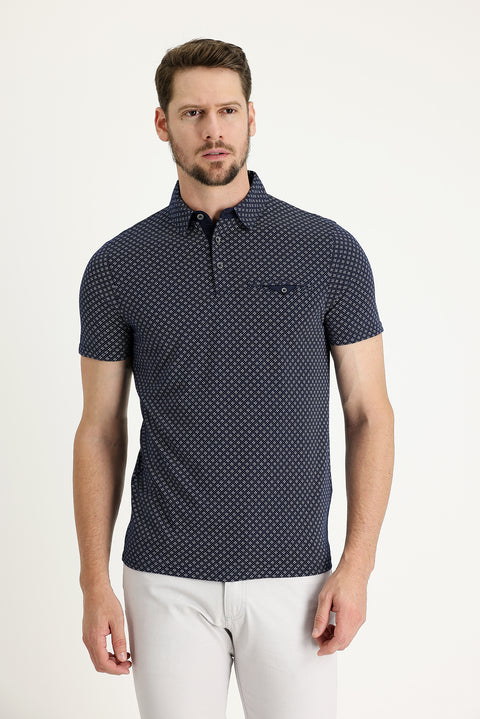 Medium Navy Polo Collar Super Slim Fit Extra Narrow Cut Printed Cotton T-Shirt