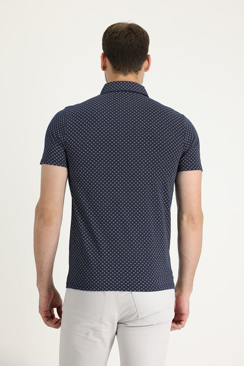 Medium Navy Polo Collar Super Slim Fit Extra Narrow Cut Printed Cotton T-Shirt