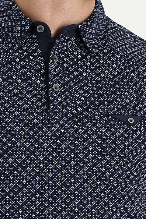 Medium Navy Polo Collar Super Slim Fit Extra Narrow Cut Printed Cotton T-Shirt