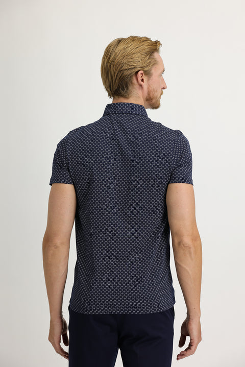 Medium Navy Polo Collar Super Slim Fit Extra Narrow Cut Printed Cotton T-Shirt