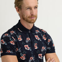 Medium Navy Polo Collar Super Slim Fit Extra Narrow Cut Printed Cotton T-Shirt