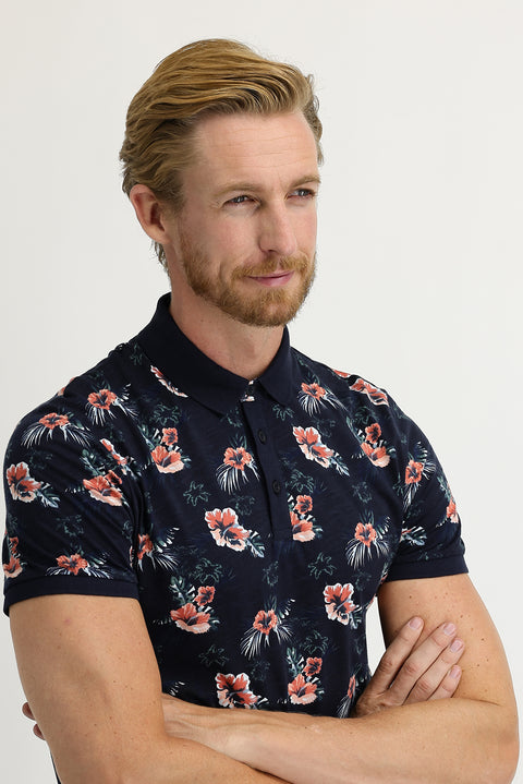 Medium Navy Polo Collar Super Slim Fit Extra Narrow Cut Printed Cotton T-Shirt