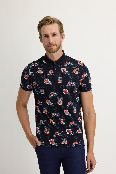Medium Navy Polo Collar Super Slim Fit Extra Narrow Cut Printed Cotton T-Shirt