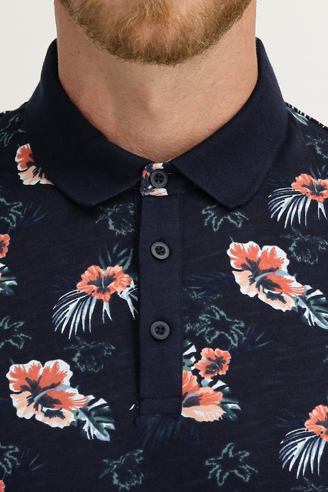 Medium Navy Polo Collar Super Slim Fit Extra Narrow Cut Printed Cotton T-Shirt