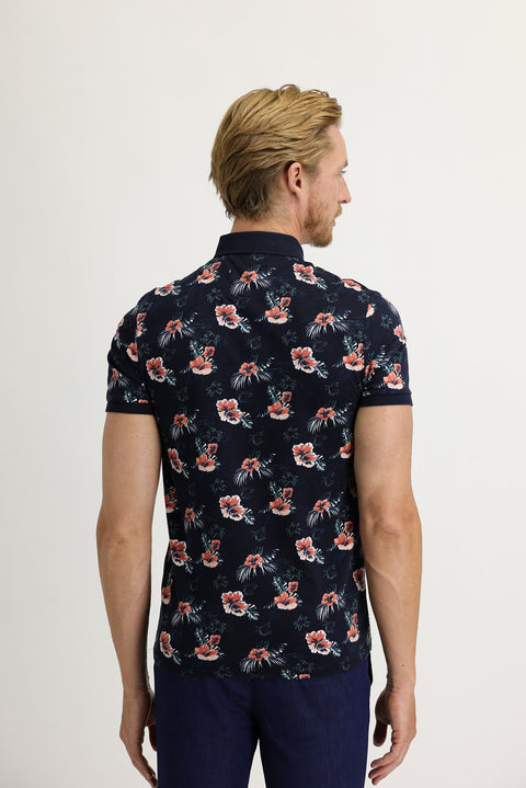 Medium Navy Polo Collar Super Slim Fit Extra Narrow Cut Printed Cotton T-Shirt