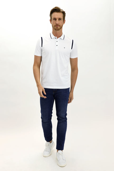 White Polo Collar Slim Fit Patterned Cotton T-shirt