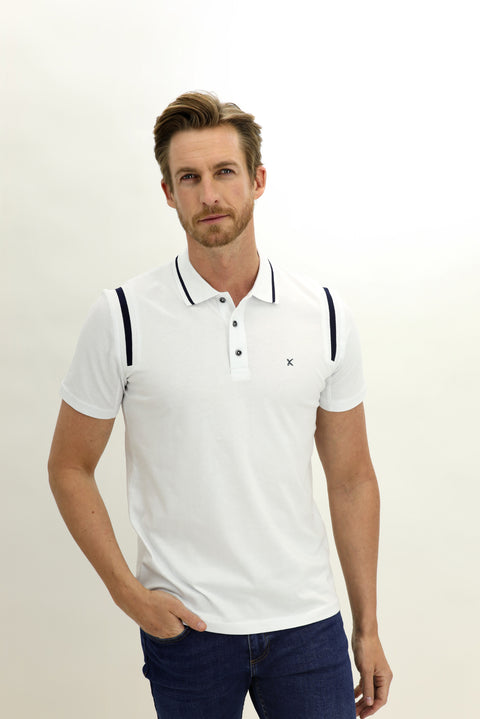 White Polo Collar Slim Fit Patterned Cotton T-shirt