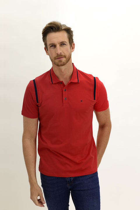 Light Red Polo Collar Slim Fit Patterned Cotton T-shirt