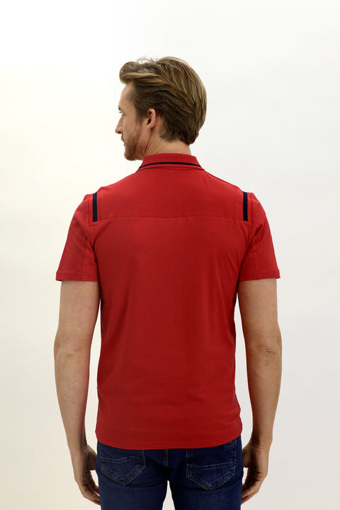 Light Red Polo Collar Slim Fit Patterned Cotton T-shirt