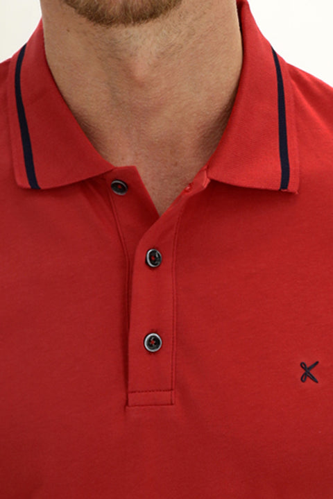 Light Red Polo Collar Slim Fit Patterned Cotton T-shirt
