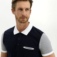 Dark Navy Polo Collar Slim Fit Patterned Cotton T-shirt