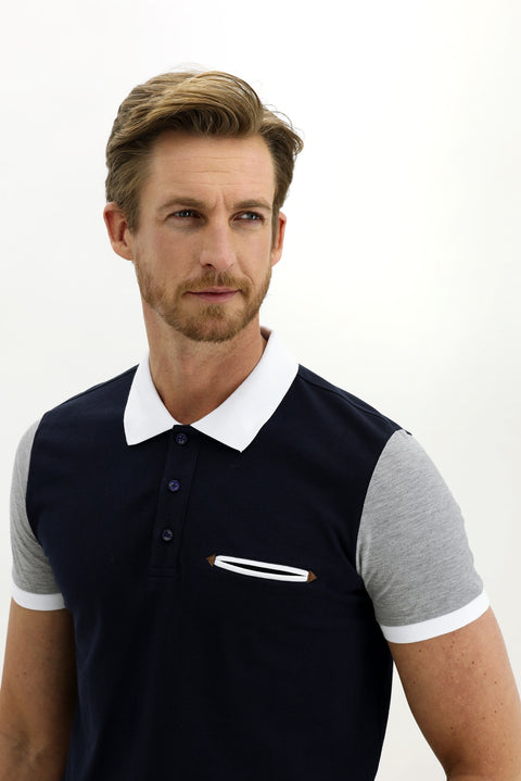 Dark Navy Polo Collar Slim Fit Patterned Cotton T-shirt