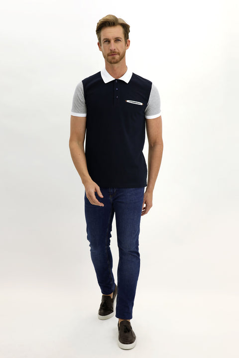 Dark Navy Polo Collar Slim Fit Patterned Cotton T-shirt