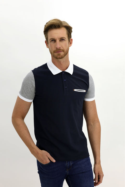 Dark Navy Polo Collar Slim Fit Patterned Cotton T-shirt