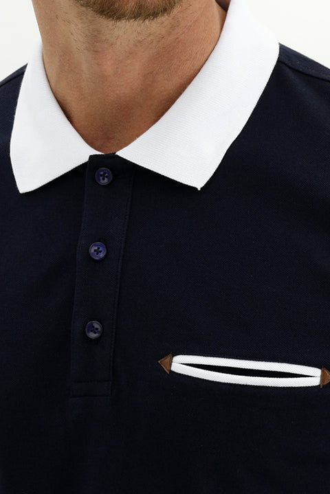 Dark Navy Polo Collar Slim Fit Patterned Cotton T-shirt