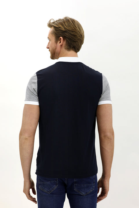 Dark Navy Polo Collar Slim Fit Patterned Cotton T-shirt