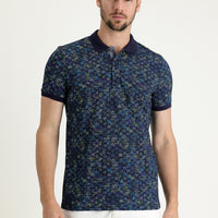 Medium Navy Polo Collar Slim Fit Narrow Cut Patterned Cotton T-shirt