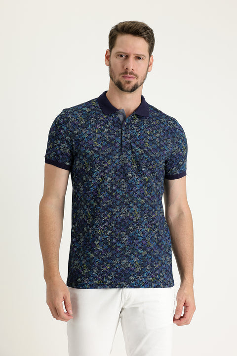 Medium Navy Polo Collar Slim Fit Narrow Cut Patterned Cotton T-shirt