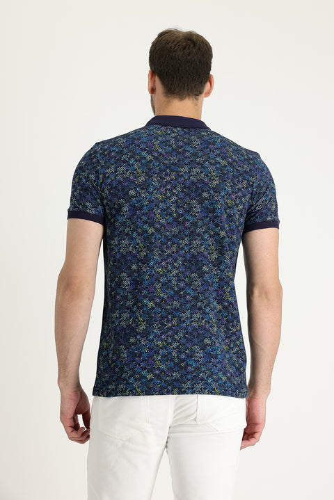 Medium Navy Polo Collar Slim Fit Narrow Cut Patterned Cotton T-shirt