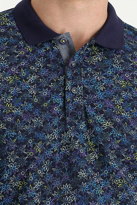 Medium Navy Polo Collar Slim Fit Narrow Cut Patterned Cotton T-shirt