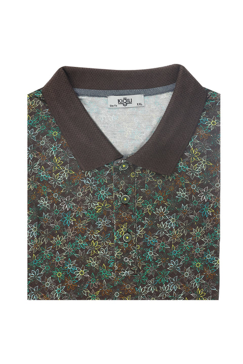 Medium Brown Polo Collar Slim Fit Narrow Cut Patterned Cotton T-shirt