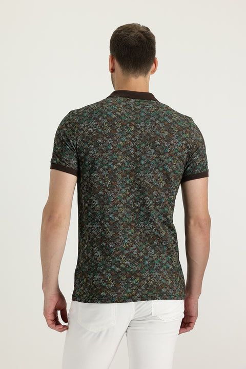 Medium Brown Polo Collar Slim Fit Narrow Cut Patterned Cotton T-shirt