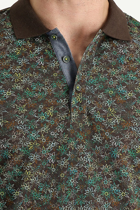 Medium Brown Polo Collar Slim Fit Narrow Cut Patterned Cotton T-shirt