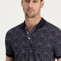 Medium Navy Polo Collar Patterned Slim Fit Cotton T-Shirt
