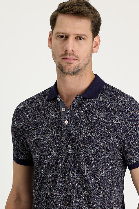 Medium Navy Polo Collar Patterned Slim Fit Cotton T-Shirt
