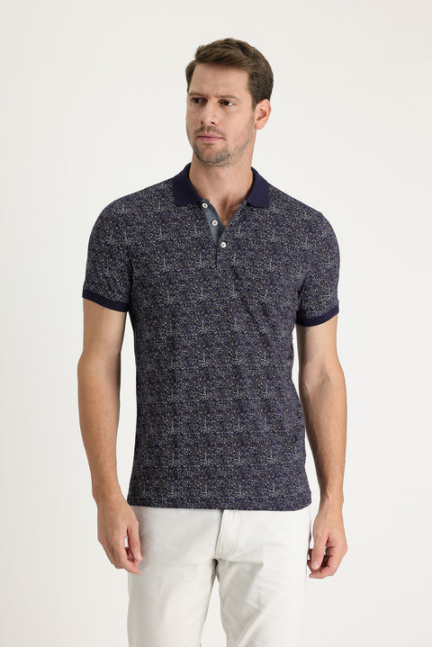 Medium Navy Polo Collar Patterned Slim Fit Cotton T-Shirt