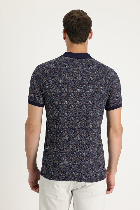 Medium Navy Polo Collar Patterned Slim Fit Cotton T-Shirt