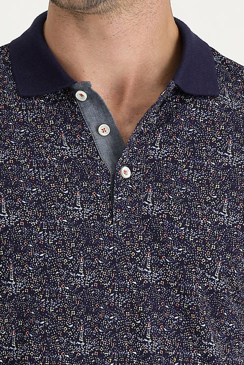 Medium Navy Polo Collar Patterned Slim Fit Cotton T-Shirt
