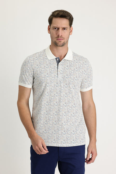 White Patterned Slim Fit Polo Shirt