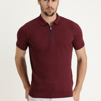 Dark Burgundy Polo Collar Slim Fit Narrow Cut Zip-Up Patterned Cotton T-Shirt