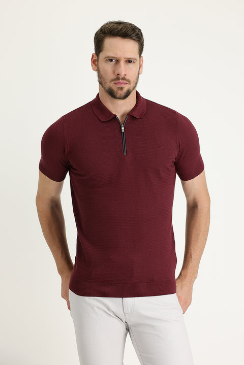 Dark Burgundy Polo Collar Slim Fit Narrow Cut Zip-Up Patterned Cotton T-Shirt