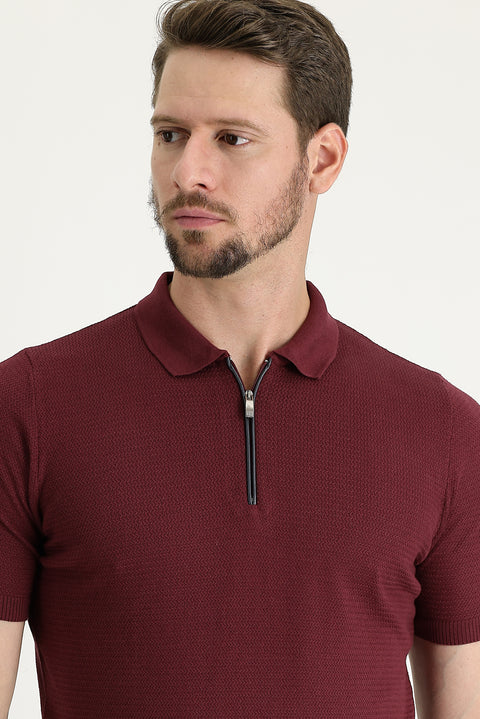 Dark Burgundy Polo Collar Slim Fit Narrow Cut Zip-Up Patterned Cotton T-Shirt
