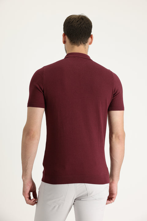 Dark Burgundy Polo Collar Slim Fit Narrow Cut Zip-Up Patterned Cotton T-Shirt
