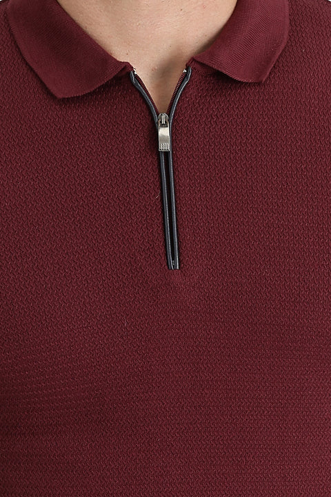 Dark Burgundy Polo Collar Slim Fit Narrow Cut Zip-Up Patterned Cotton T-Shirt