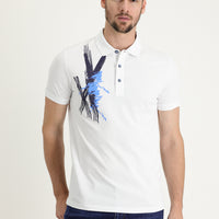 White Polo Collar Slim Fit Printed Cotton T-shirt