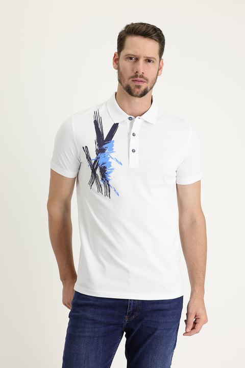 White Polo Collar Slim Fit Printed Cotton T-shirt
