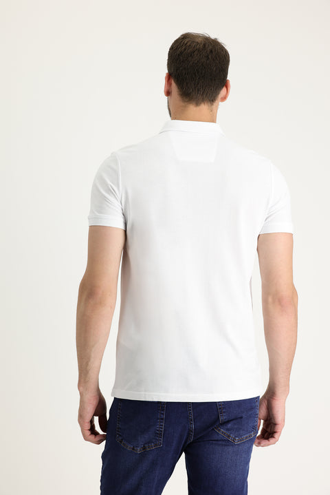 White Polo Collar Slim Fit Printed Cotton T-shirt