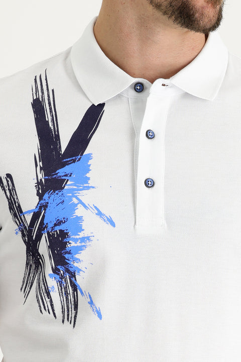 White Polo Collar Slim Fit Printed Cotton T-shirt