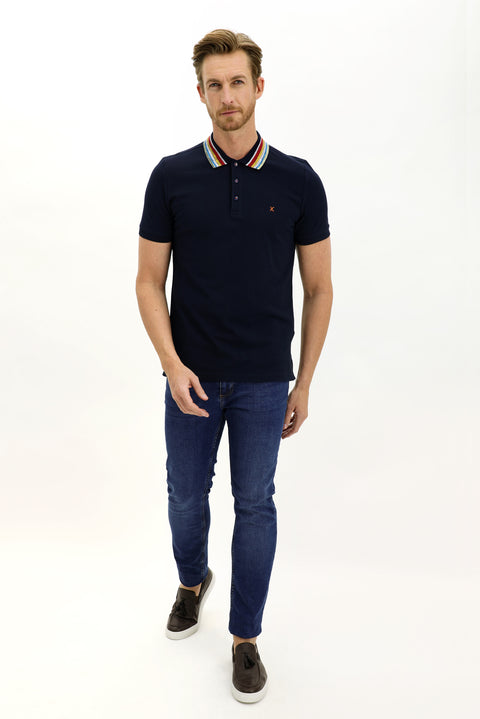 Dark Navy Polo Shirt, Slim Fit, Narrow Cut, Patterned T-shirt