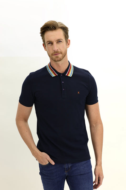 Dark Navy Polo Shirt, Slim Fit, Narrow Cut, Patterned T-shirt