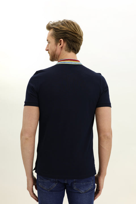 Dark Navy Polo Shirt, Slim Fit, Narrow Cut, Patterned T-shirt